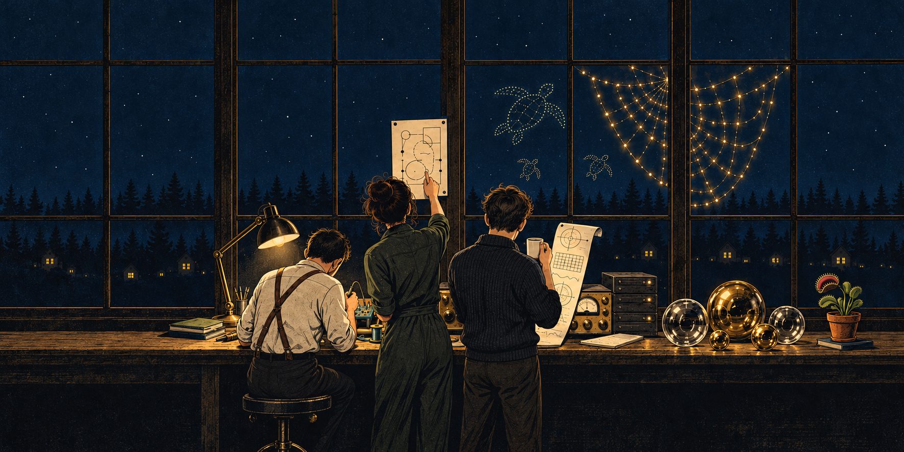 A research lab at night: three people work at a long bench by lamplight, among brass instruments, glass and brass spheres and a small potted plant, while strung lights shaped like a spider web and turtles traced in stars fill the windows.